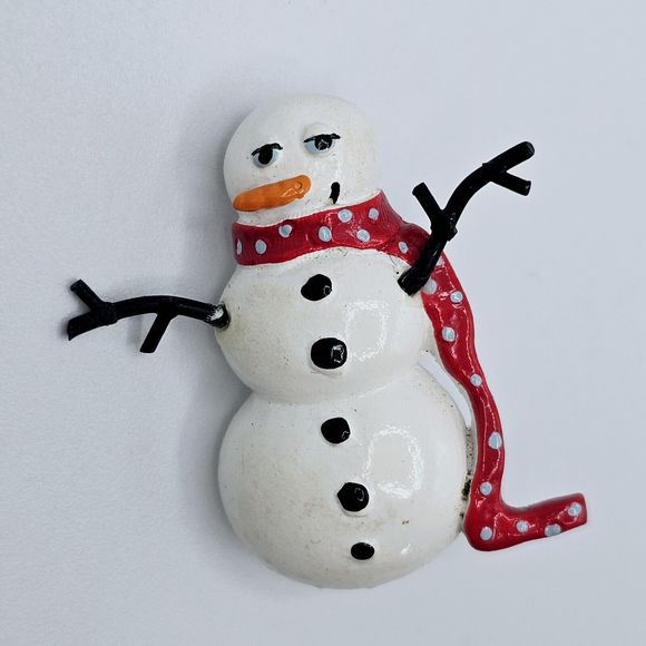 Snowman Brooch Christmas Holiday Pin Red Polka Dot Scarf Carrot Nose Stick Arms - Picture 2 of 6